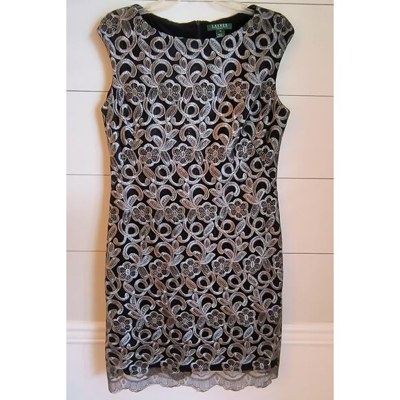 Lauren Ralph Lauren Cocktail Dress Women's Size 12 Black Silver Metallic Lace - Picture 4 of 16